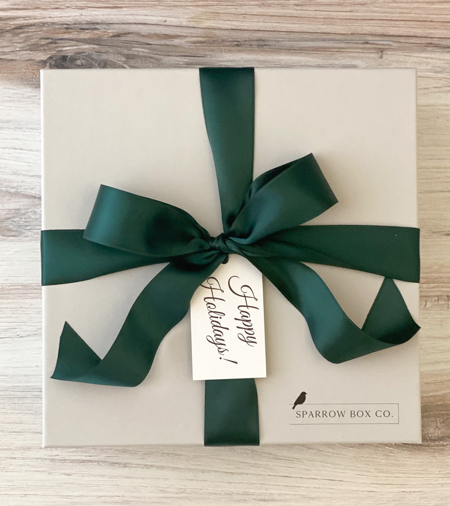 Sparrow Box_Co_Signature_Linen_Wrapped_Gift_Box_Green_Satin_Ribbon_Happy_Holiday_Gift_Tag_Amreican_Made